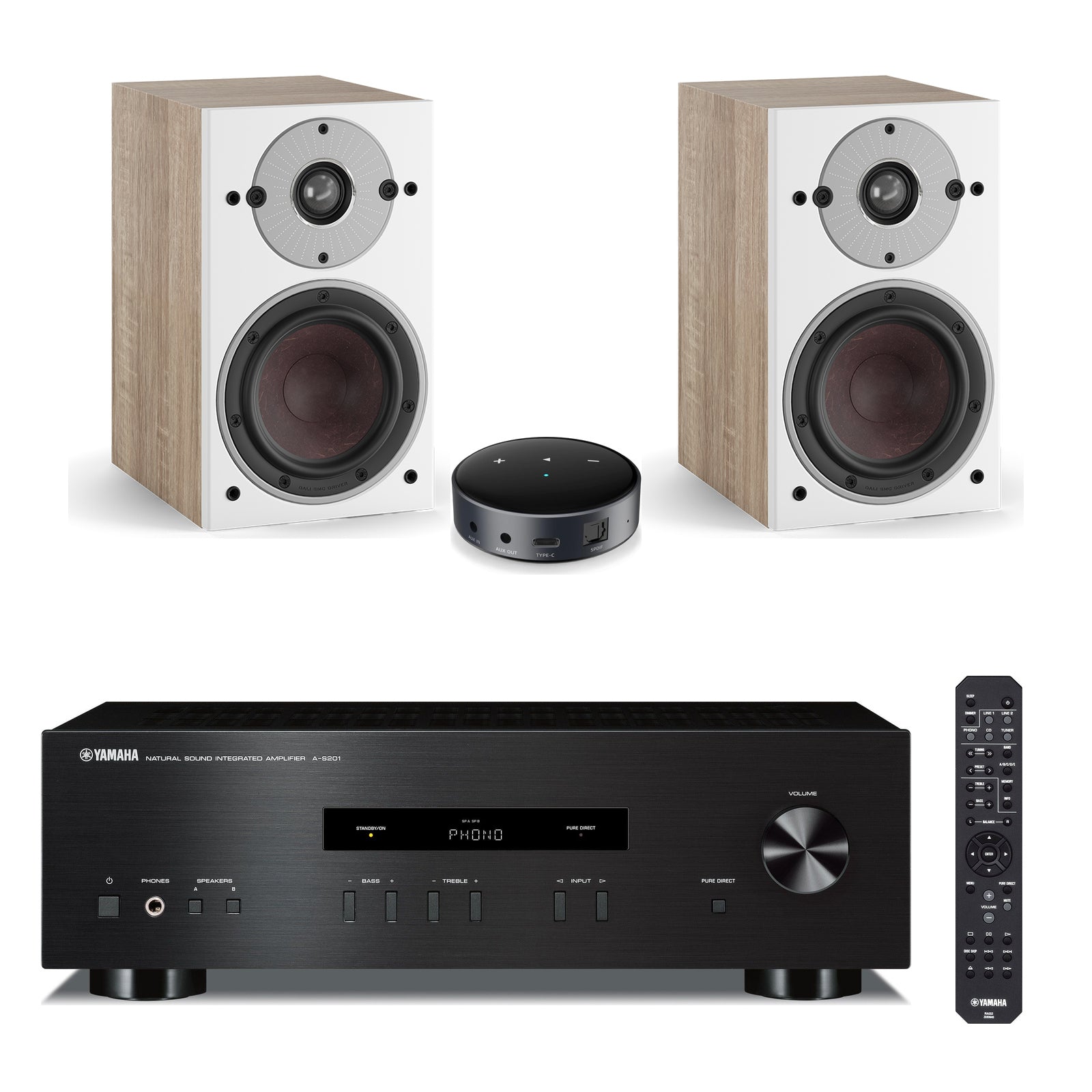 Yamaha A-S201 Crna + par DALI OBERON 1 Light Oak + WiiM Mini