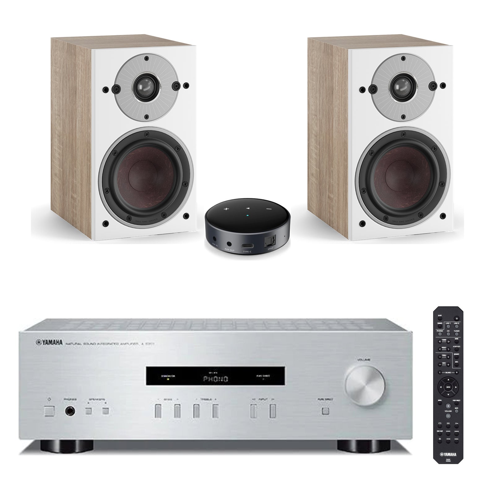 Yamaha A-S201 Srebrna + par DALI OBERON 1 Light Oak + WiiM Mini